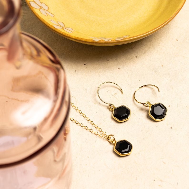 Black Onyx Hexagon Necklace and Earrings Matching Set